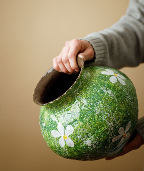 Modern Pottery Flower Vases, Centerpiece on Dining Table, Handmade Water Holding Flower Vases, Pottery Bud Vases, Large Green Flower Vases on Table-HomePaintingDecor