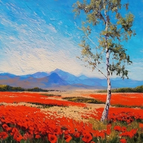 Red Poppy Field Birch Tree Landscape Painting, Simple Small Canvas Paintings, Original Small Landscape Paintings, Heavy Texture Canvas Art, Palette Knife Paintings, Easy Landscape Painting Ideas-HomePaintingDecor