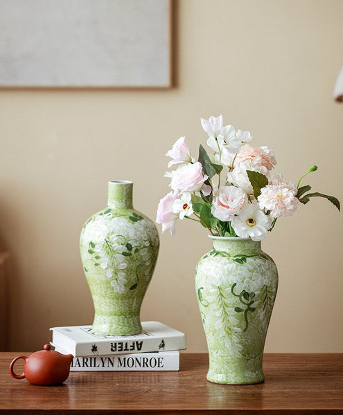 Large Flower Vases on Table, Green Porcelain Flower Vases, Centerpiece Ceramic Bud Vases, Handmade Water Holding Flower Vase-HomePaintingDecor