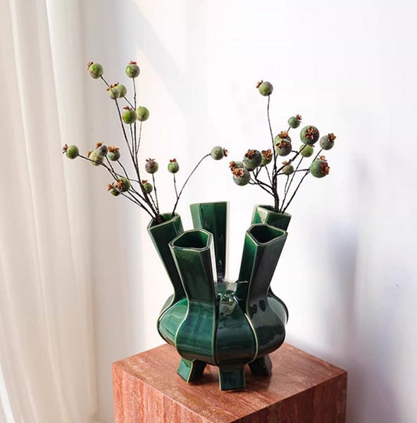 Unique Handmade Modern Flower Vase, Centerpiece Ceramic Bouquet Vases, Contemporary Vases on Dining Table, Green Porcelain Vases for Modern Home Decor-HomePaintingDecor
