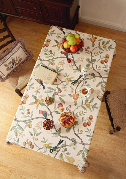 Tablecloth for Round Table, Simple Modern Rectangle Tablecloth Ideas for Oval Table, Bird and Fruit Tree Kitchen Table Cover, Linen Table Cover for Dining Room Table-HomePaintingDecor