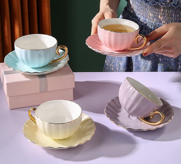 Macaroon Ceramic Coffee Cups, 6.8 oz Tea Cup and Saucer Set of 2 Cups in Gift Box as Birthday Gift, Beautiful Elegant British Tea Cups, Creative Porcelain Tea Cup Set-HomePaintingDecor