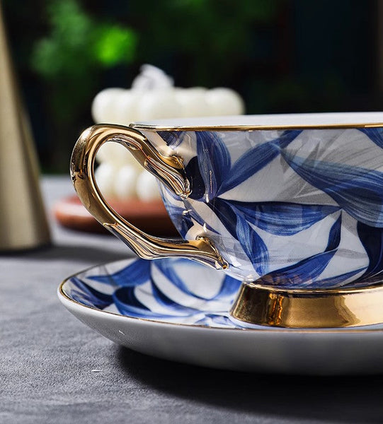 Unique British Tea Cup and Saucer in Gift Box, Blue Porcelain Tea Cup Saucer Set, 7.4 oz British Ceramic Coffee Cups-HomePaintingDecor
