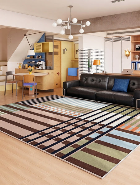 Stripe Colorful Modern Rugs under Sofa, Modern Carpets for Office, Mid Century Area Rugs for Living Room, Abstract Contemporary Rugs for Bedroom-HomePaintingDecor