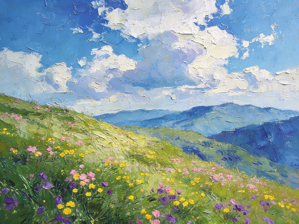 Small Canvas Art, Mountainous Landscape with Blossoming Meadows, Original Wall Paintings, On Canvas Small Paintings, Original Artwork Small Paintings, Small Landscape Paintings-HomePaintingDecor