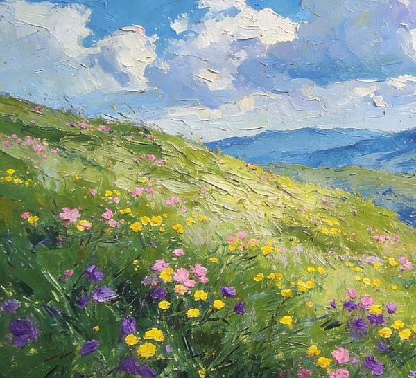 Small Canvas Art, Mountainous Landscape with Blossoming Meadows, Original Wall Paintings, On Canvas Small Paintings, Original Artwork Small Paintings, Small Landscape Paintings-HomePaintingDecor
