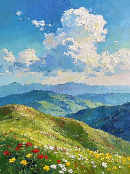Original Small Paintings, A Flowering Hillside Under an Azure Sky, Small Oil Paintings, Small Wall Paintings, Landscape Artwork Canvas Paintings-HomePaintingDecor