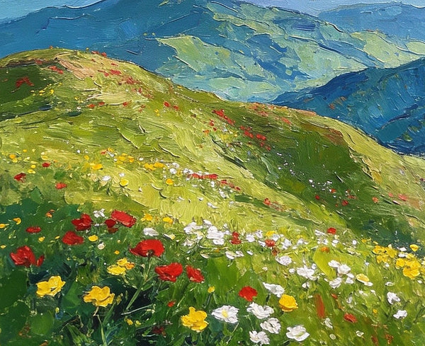 Original Small Paintings, A Flowering Hillside Under an Azure Sky, Small Oil Paintings, Small Wall Paintings, Landscape Artwork Canvas Paintings-HomePaintingDecor