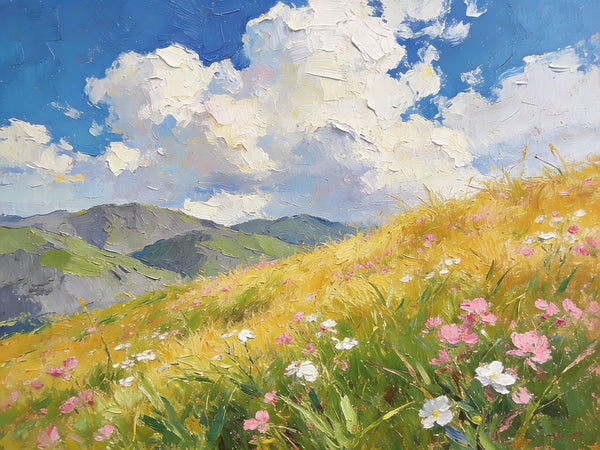 Hand Painted Canvas Art, A Verdant Hillside Under a Vast Blue Sky, Original Wall Paintings, Original Artwork Small Paintings, Small Landscape Paintings, On Canvas Small Wall Paintings-HomePaintingDecor
