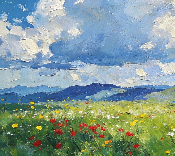 Wildflower Hills and Azure Sky, Hand Painted Canvas Art, Heavy Texture Wall Art Paintings, On Canvas Small Paintings, Original Oil Paintings, Small Landscape Paintings-HomePaintingDecor