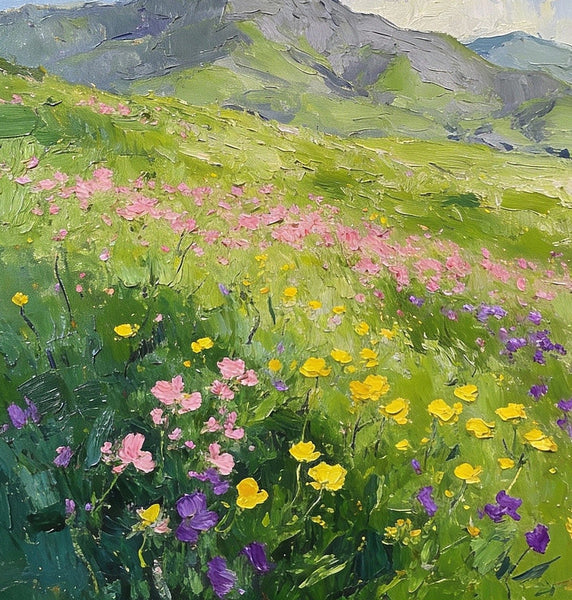 Small Oil Paintings, Mountain Meadow in Bloom, A Lush Floral Landscape, Original Small Paintings, Landscape Artwork Small Paintings, Small Wall Paintings-HomePaintingDecor