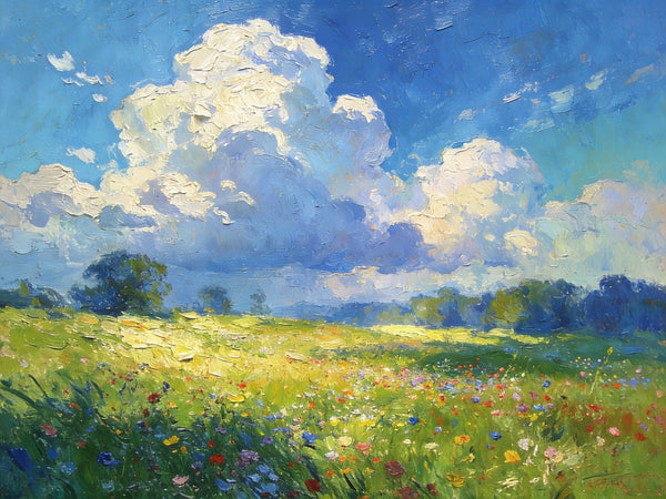 Valley in Bloom, Sunlight, Clouds, and Colorful Flora, Small Oil Paintings on Canvas, Hand Painted Canvas Art, Heavy Texture Oil Paintings, Original Artwork Small Paintings, Small Wall Paintings-HomePaintingDecor