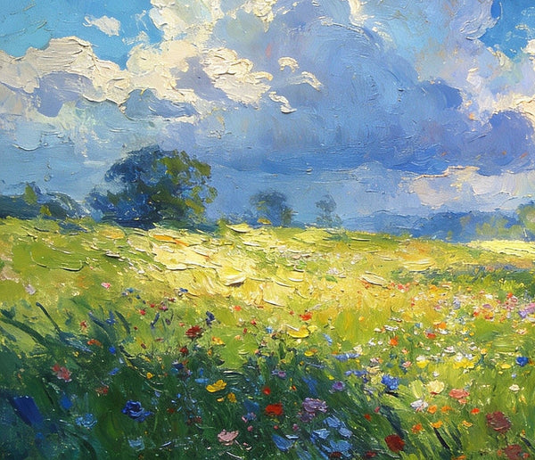 Valley in Bloom, Sunlight, Clouds, and Colorful Flora, Small Oil Paintings on Canvas, Hand Painted Canvas Art, Heavy Texture Oil Paintings, Original Artwork Small Paintings, Small Wall Paintings-HomePaintingDecor