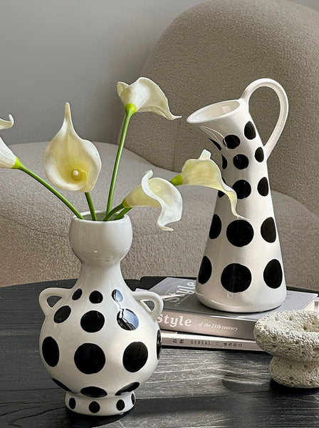 Ceramic Bud Vases, Small Flower Vases on Table, Black and White Polka Dot Flower Vase, Modern Porcelain Flower Vases, Handmade Water Holding Flower Vases-HomePaintingDecor