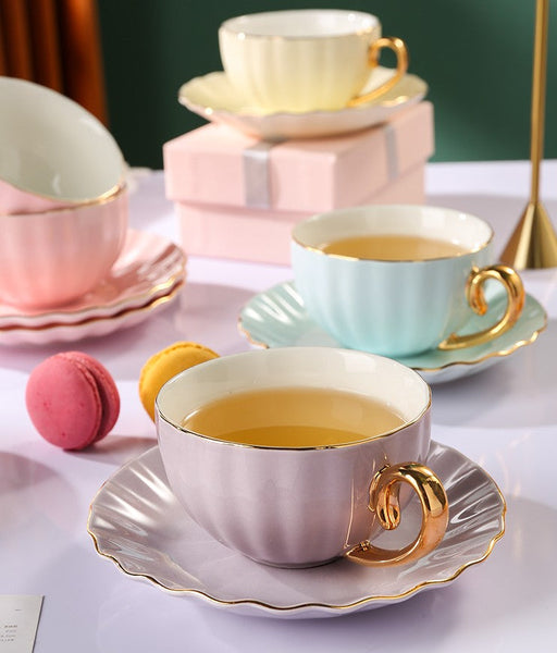 Macaroon Ceramic Coffee Cups, 6.8 oz Tea Cup and Saucer Set of 2 Cups in Gift Box as Birthday Gift, Beautiful Elegant British Tea Cups, Creative Porcelain Tea Cup Set-HomePaintingDecor