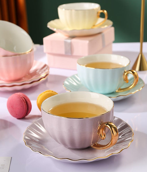 Elegant Macaroon Ceramic Coffee Cups, Beautiful British Tea Cups, Creative Porcelain Tea Cup Saucer Set of 2 Cups, 6.8 oz Tea Cup and Saucer in Gift Box as Birthday Gift-HomePaintingDecor
