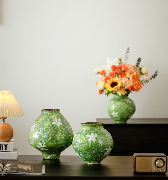 Centerpiece on Dining Table, Handmade Water Holding Flower Vases, Modern Pottery Flower Vases, Pottery Bud Vases, Large Green Flower Vases on Table-HomePaintingDecor