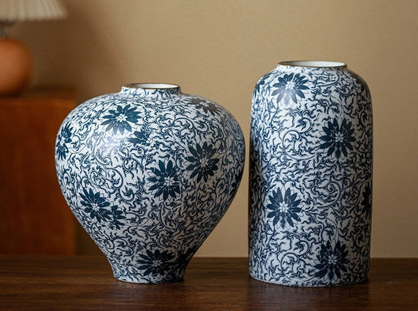 Vintage Bouquet Flower Vases, Centerpiece on Dining Table, Large Blue Flower Vase on Table, Handmade Porcelain Flower Vases Urn, Water Holding Flower Vases-HomePaintingDecor