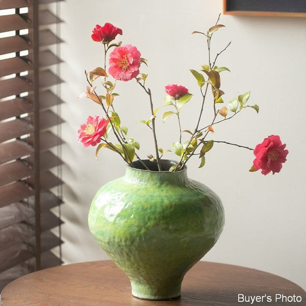Centerpiece on Dining Table, Modern Pottery Flower Vases, Handmade Water Holding Flower Vases, Pottery Bud Vases, Large Green Flower Vases on Table-HomePaintingDecor