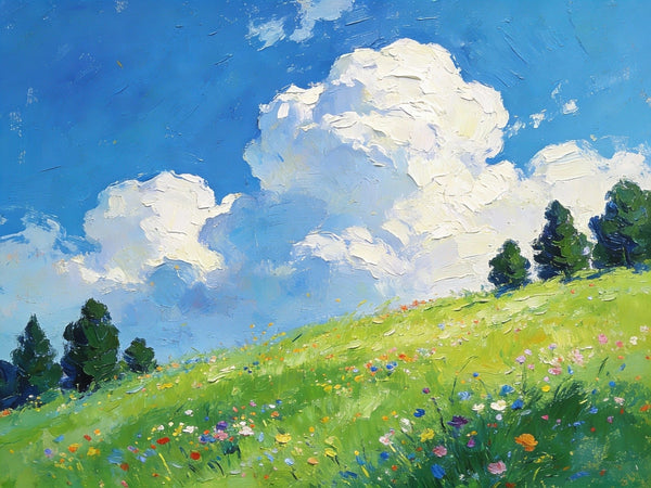 Beneath a Sky of Clouds, a Hillside in Bloom, Small Paintings on Canvas, Hand Painted Canvas Art, Small Landscape Paintings, Original Oil Paintings, Small Paintings As Birthday Gift-HomePaintingDecor