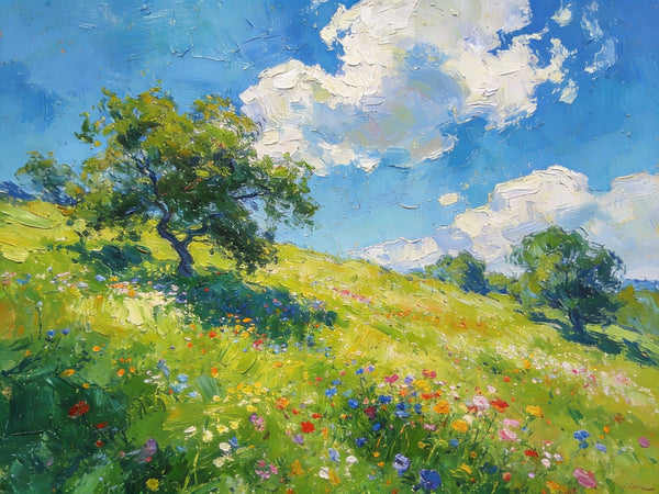Lush Green Fields Under a Cloudy Sky, Small Oil Paintings on Canvas, Small Wall Paintings, Hand Painted Canvas Art, Heavy Texture Oil Paintings, Original Artwork Small Paintings-HomePaintingDecor