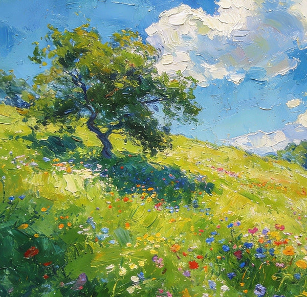 Lush Green Fields Under a Cloudy Sky, Small Oil Paintings on Canvas, Small Wall Paintings, Hand Painted Canvas Art, Heavy Texture Oil Paintings, Original Artwork Small Paintings-HomePaintingDecor