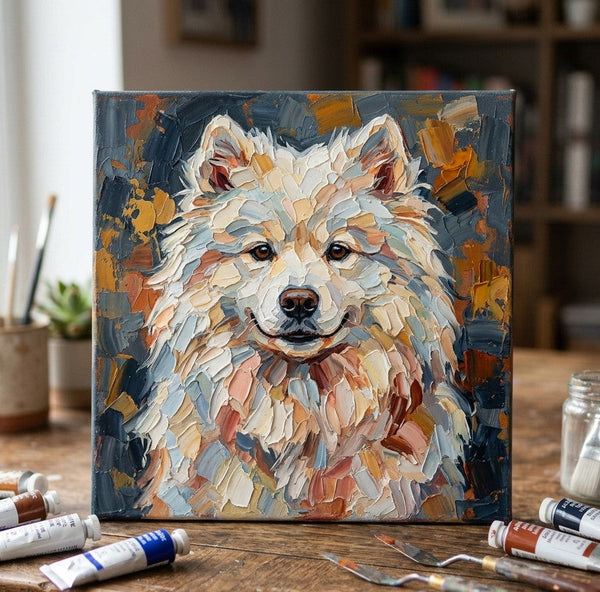 Abstract Pet Portrait Painting, Samoyed Dog Portrait, Hand Painted Canvas Art, Impasto Artwork, Original Acrylic Paintings, Heavy Texture Painting, Small Art on Canvas
