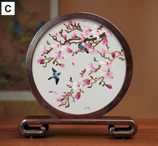 Traditional Chinese Suzhou Silk Embroidered Ornament, Premium Souvenir, Exclusive Business Presents, Creative Birthday Gift, Flower and Birds Embroidery Ornaments-HomePaintingDecor