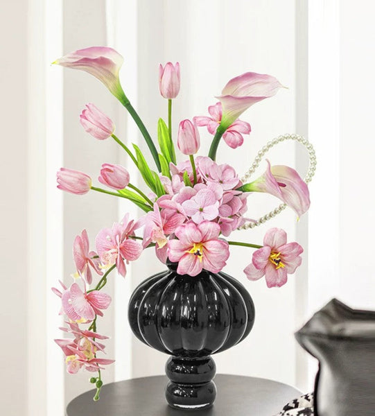 Black Glaze Vase, Contemporary Vases for Modern Home Decor, Black Glass Bud Vases, Handmade Liuli Vases, Centerpiece Vases on Table-HomePaintingDecor