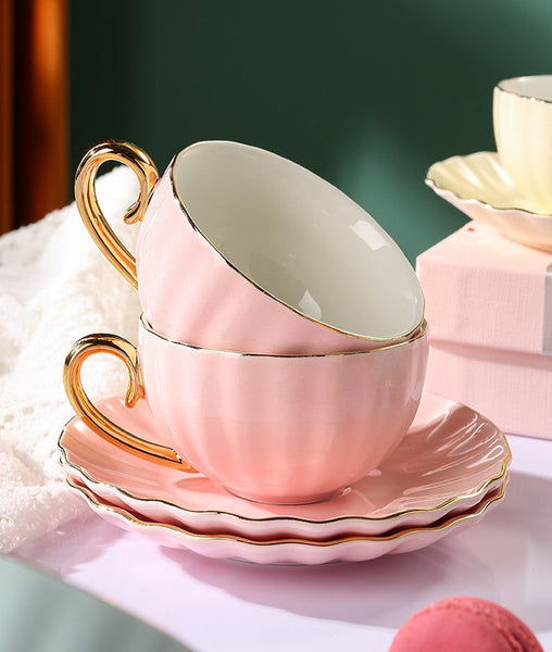 Elegant Macaroon Ceramic Coffee Cups, Beautiful British Tea Cups, Creative Porcelain Tea Cup Saucer Set of 2 Cups, 6.8 oz Tea Cup and Saucer in Gift Box as Birthday Gift-HomePaintingDecor