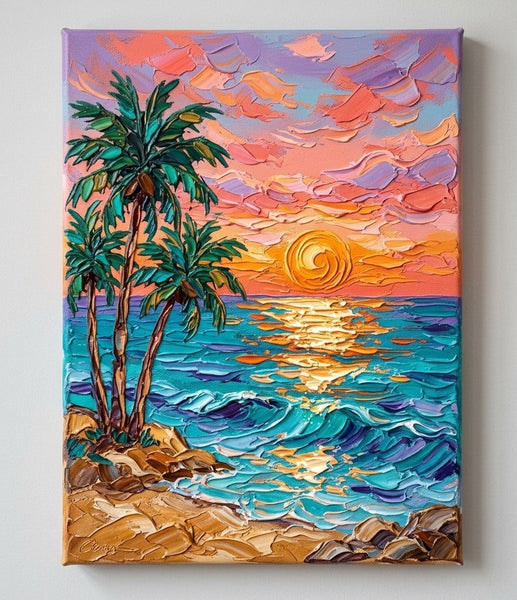 Small Art on Canvas, Seashore Palm Tree Sunset Painting, Hand Painted Canvas Art, Original Acrylic Paintings, Impasto Artwork, Heavy Texture Painting, Original Lanscape Art