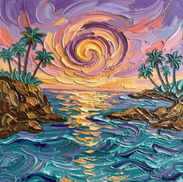 Hand Painted Canvas Art, Seashore Sunrise Paintings, Original Acrylic Paintings, Impasto Paintings, Heavy Texture Artwork
