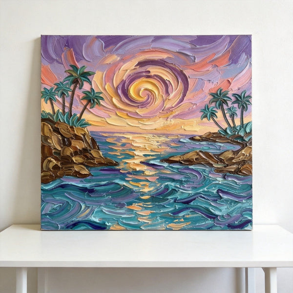 Hand Painted Canvas Art, Seashore Sunrise Paintings, Original Acrylic Paintings, Impasto Paintings, Heavy Texture Artwork