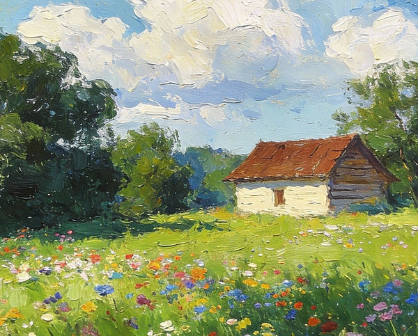 Cottage on the Green, Under an Open Sky, Hand Painted Canvas Art, On Canvas Small Paintings, Small Landscape Paintings, Original Oil Paintings, Small Paintings As Birthday Gift-HomePaintingDecor