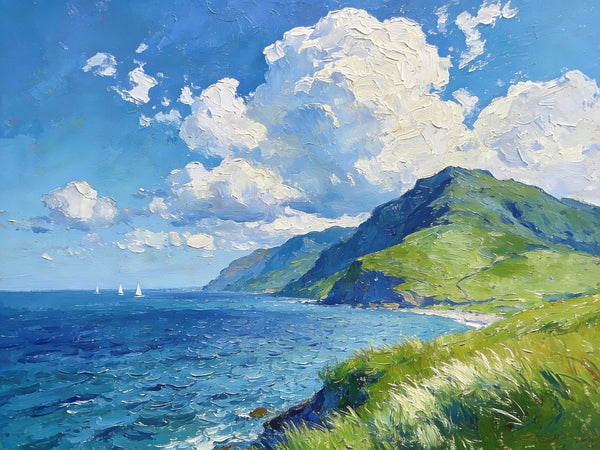 Small Wall Paintings, Coastal Seascape, Green Hills and Blue Waters, Impasto Artwork, On Canvas Small Paintings, Original Wall Art Paintings, Original Artwork Small Paintings, Small Landscape Paintings-HomePaintingDecor