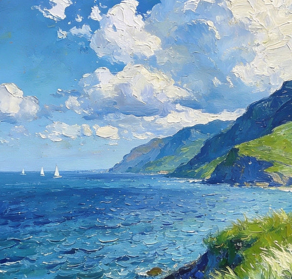 Small Wall Paintings, Coastal Seascape, Green Hills and Blue Waters, Impasto Artwork, On Canvas Small Paintings, Original Wall Art Paintings, Original Artwork Small Paintings, Small Landscape Paintings-HomePaintingDecor