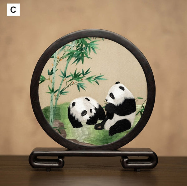 Unique Birthday Gift, Exclusive Business Present Panda Embroidered Decor, Traditional Chinese Suzhou Embroidery Ornament, Premium Souvenir-HomePaintingDecor