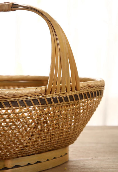 Natural Hand-woven Bamboo Basket, Extra Large Picnic Food Basket with Handle, Lovely Bamboo Baskets for Vegetable, Natural Fruit Basket Kitchen Storage Baskets-HomePaintingDecor