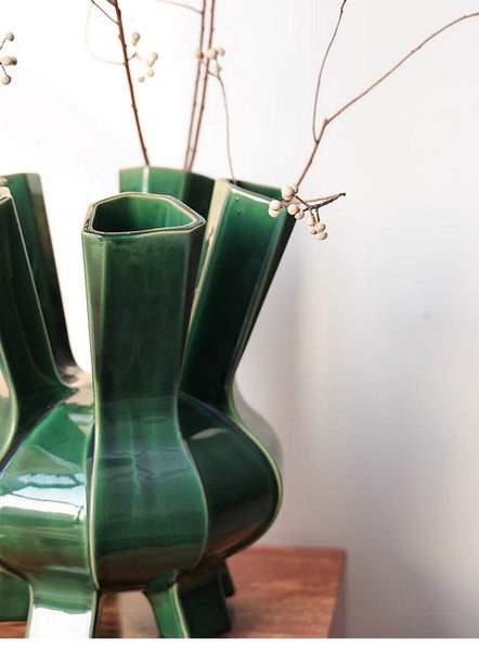 Unique Handmade Modern Flower Vase, Centerpiece Ceramic Bouquet Vases, Contemporary Vases on Dining Table, Green Porcelain Vases for Modern Home Decor-HomePaintingDecor