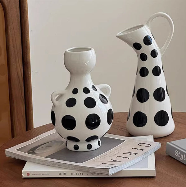 Ceramic Bud Vases, Small Flower Vases on Table, Black and White Polka Dot Flower Vase, Modern Porcelain Flower Vases, Handmade Water Holding Flower Vases-HomePaintingDecor