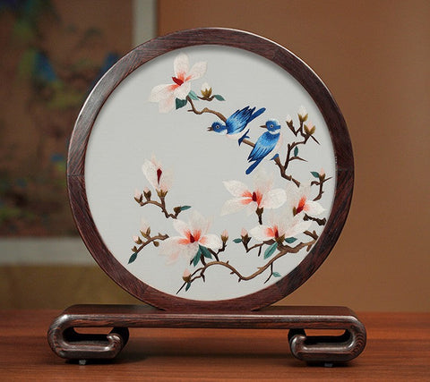 Traditional Chinese Suzhou Silk Embroidered Ornament, Premium Souvenir, Exclusive Business Presents, Creative Birthday Gift, Flower and Birds Embroidery Ornaments-HomePaintingDecor