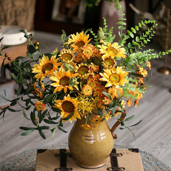 Large Bunch of Yellow Sunflowers, Unique Floral Arrangement for Home Decoration, Table Centerpiece, Real Touch Artificial Flowers for Living Room-HomePaintingDecor
