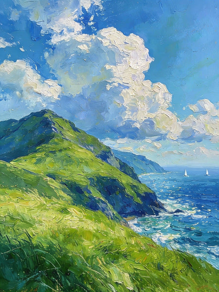Seashore Paintings, Mountains Meet the Azure Sea, Heavy Texture Oil Paintings, On Canvas Small Paintings, Hand Painted Canvas Art, Original Small Paintings-HomePaintingDecor