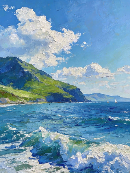 Coastal View, Mountains, Sea, and Clouds, Landscape Small Paintings, Original Artwork Small Paintings, Hand Painted Wall Art, Heavy Texture Oil Paintings, On Canvas Small Paintings-HomePaintingDecor