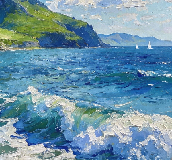 Coastal View, Mountains, Sea, and Clouds, Landscape Small Paintings, Original Artwork Small Paintings, Hand Painted Wall Art, Heavy Texture Oil Paintings, On Canvas Small Paintings-HomePaintingDecor