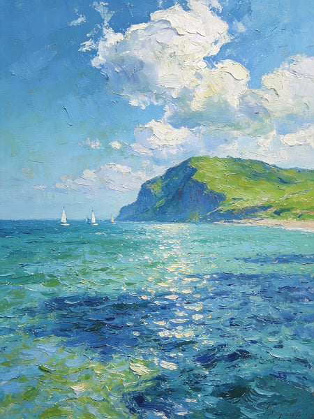 Sailboat in a Sheltered Bay, Landscape Small Paintings, Small Paintings on Wall, Original Small Paintings on Canvas, Heavy Texture Oil Paintings, Small Paintings on Canvas-HomePaintingDecor