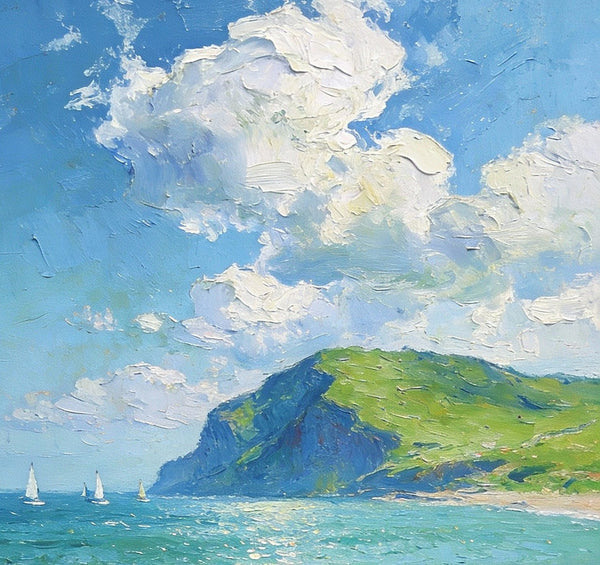 Sailboat in a Sheltered Bay, Landscape Small Paintings, Small Paintings on Wall, Original Small Paintings on Canvas, Heavy Texture Oil Paintings, Small Paintings on Canvas-HomePaintingDecor