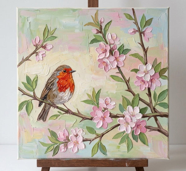 Abstract Robin Bird Painting, Original Acrylic Paintings, Impasto Artwork, Hand Painted Canvas Art, Small Art on Canvas, Heavy Texture Painting, Ready to Hang