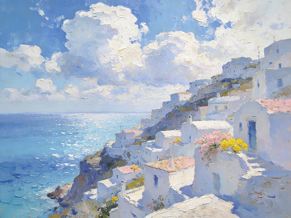 Santorini - White Villages by the Sea, Simple Painting Ideas, Small Wall Paintings, Landscape Canvas Paintings, On Canvas Small Paintings, Hand Painted Wall Art-HomePaintingDecor