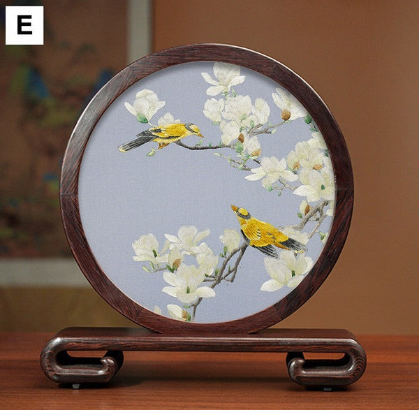 Traditional Chinese Suzhou Silk Embroidered Ornament, Premium Souvenir, Exclusive Business Presents, Creative Birthday Gift, Flower and Birds Embroidery Ornaments-HomePaintingDecor